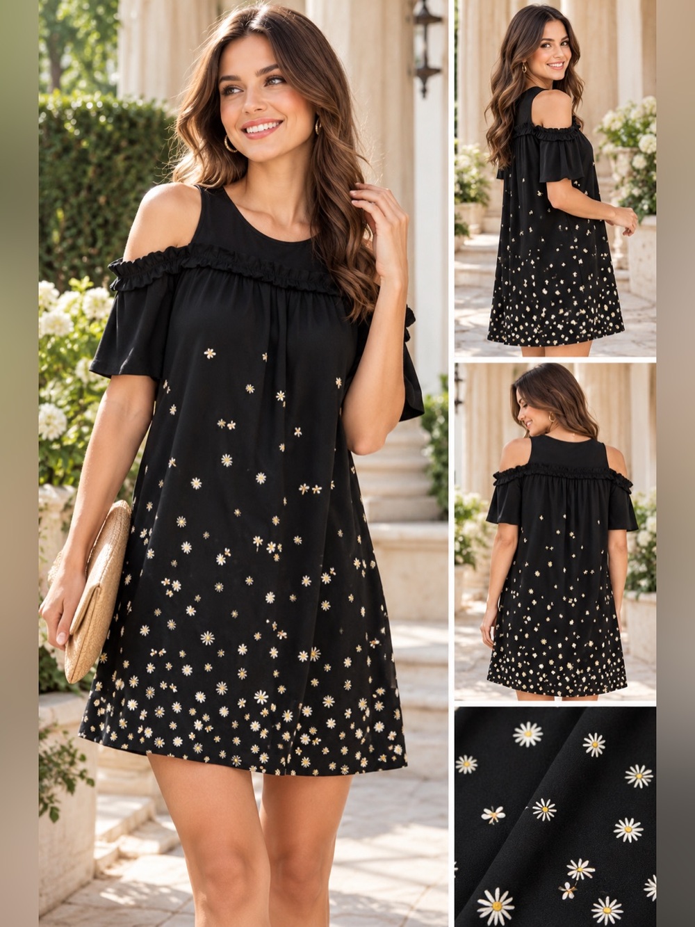 LC Lauren Conrad Black Daisy Bee Cold Shoulder Ruffle Dress Women’s M